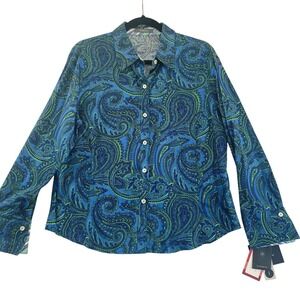 Liz Claiborne Paisley Button Down Women Top Blouse Petite 16 Long Sleeve Blue